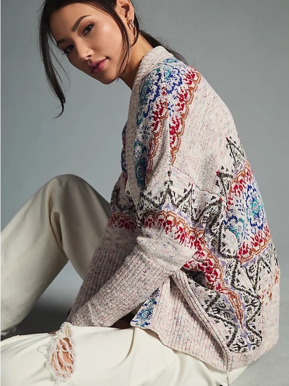 Pilcro Jacquard Cocoon Cardigan Open Front Sweater
